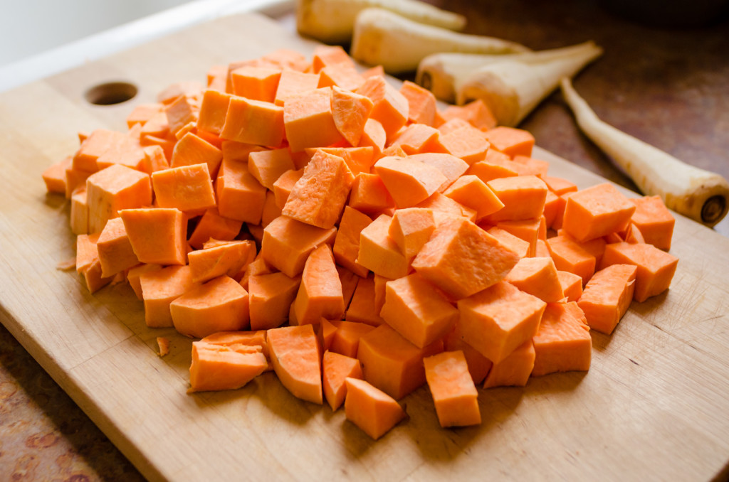 Cubed sweet potatoes on the cutting board