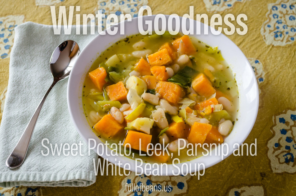 An easy vegan soup recipe with sweet potatoes, leeks, parsnips, and white beans