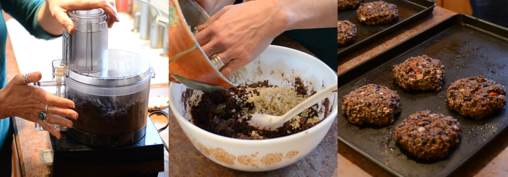 Blending the beans, adding quinoa, and ready to cook black bean burgers on the pan