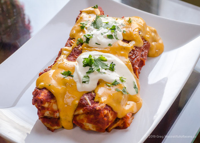 Black Bean and Veggie Enchiladas with Vegan Nacho Cheese Sauce