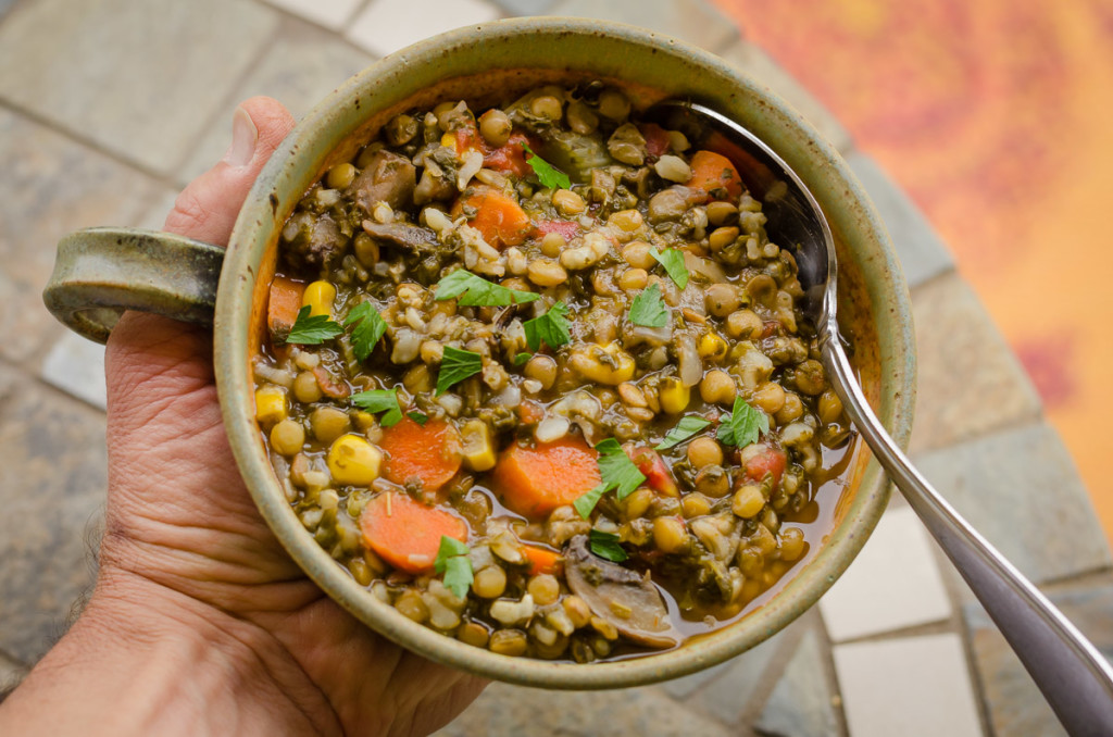 Delicious quick and easy vegan lentil soup with rice