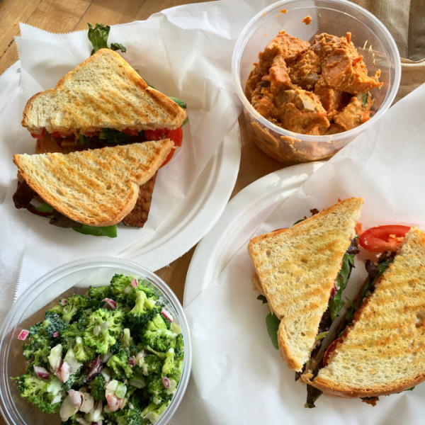 Vegan B*LT, asian sweet potato salad, and broccoli salad - Heath's Natural Foods style