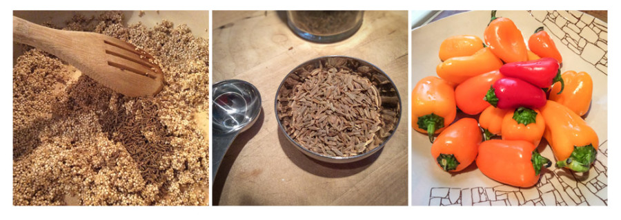 ingredients - Quinoa and cumin seeds. The "too adorable" peppers :-)
