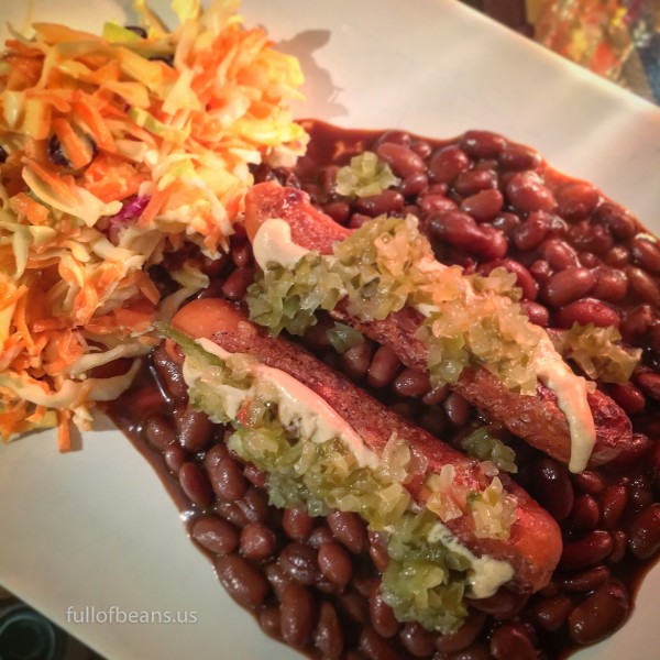 A typical meal with the fat free vegan baked beans: Lightlife vegan hotdogs, mustard and relish, and coleslaw!