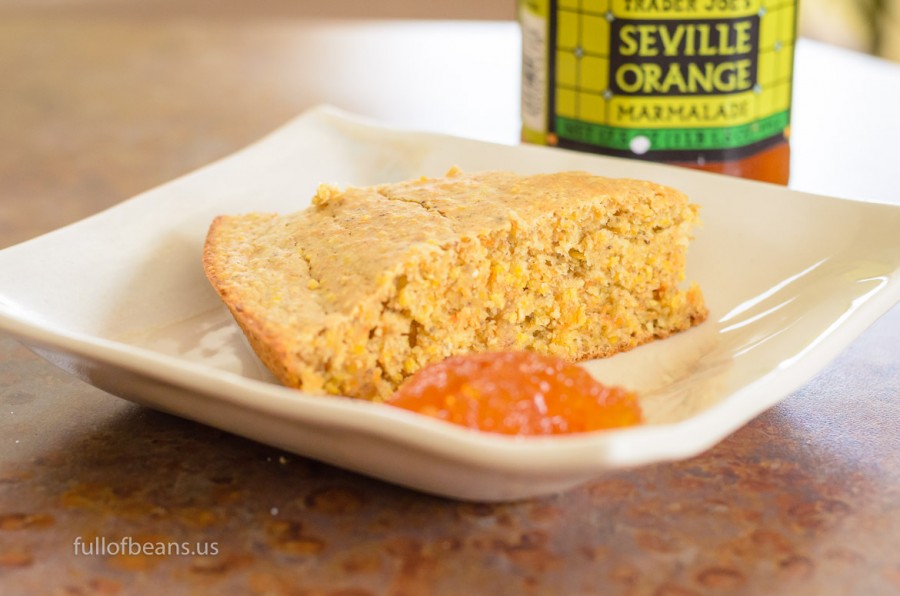 Vegan cornbread, fresh and warm from the oven with some marmalade - mmm!