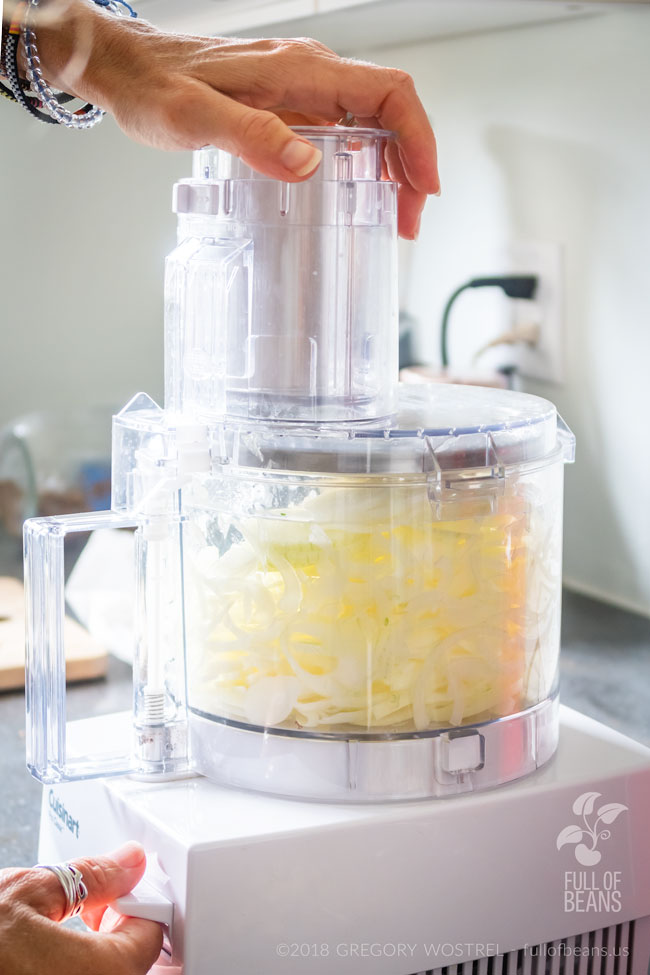 slicing onions in a food processor