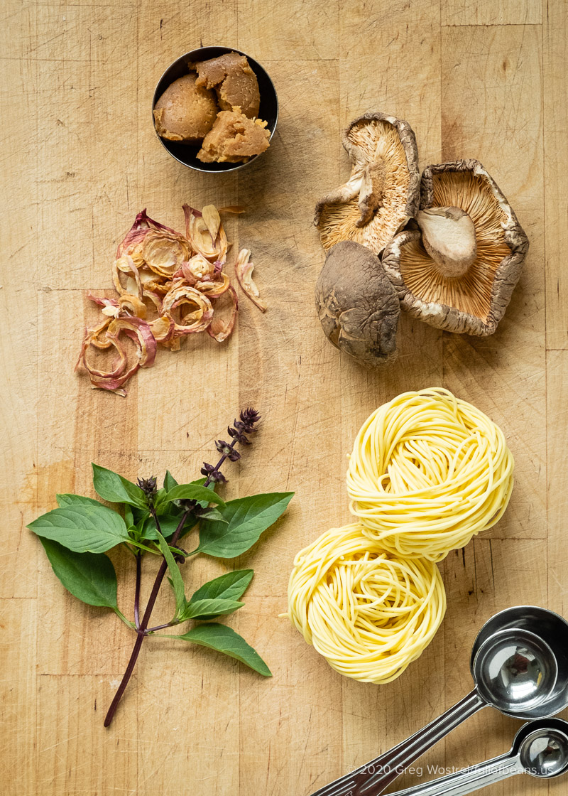 Miso Noodle Soup ingredients: miso, noodles, dried shallots, dried mushroom caps, thai basil, noodles