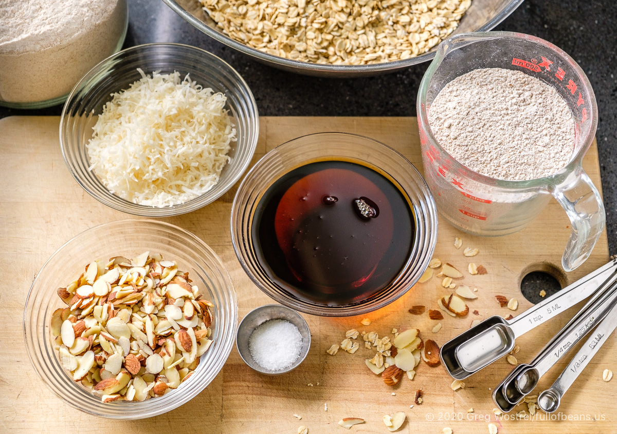 the ingredients for a giant batch of Easy Almond Maple Granola