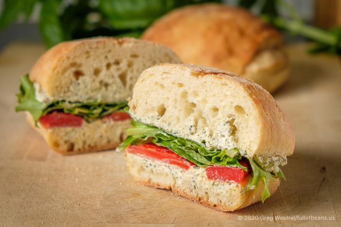 Yummy sandwiches with Soft Herb Cheese, basil, and roasted peppers