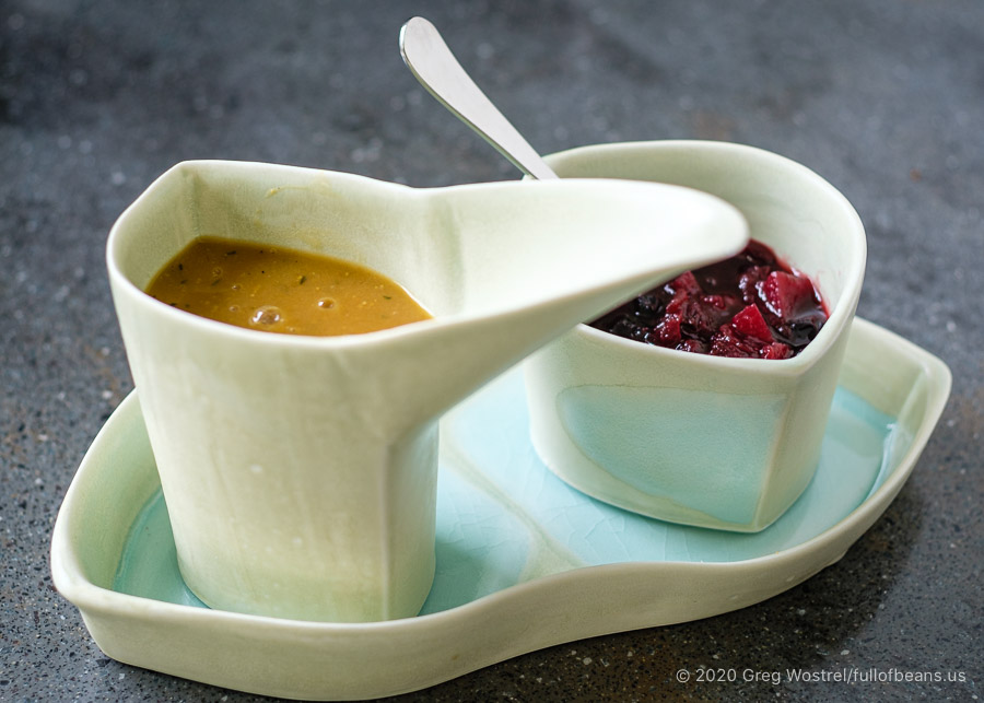 Guilt-free vegan gravy and cranberry chutney in a serving set