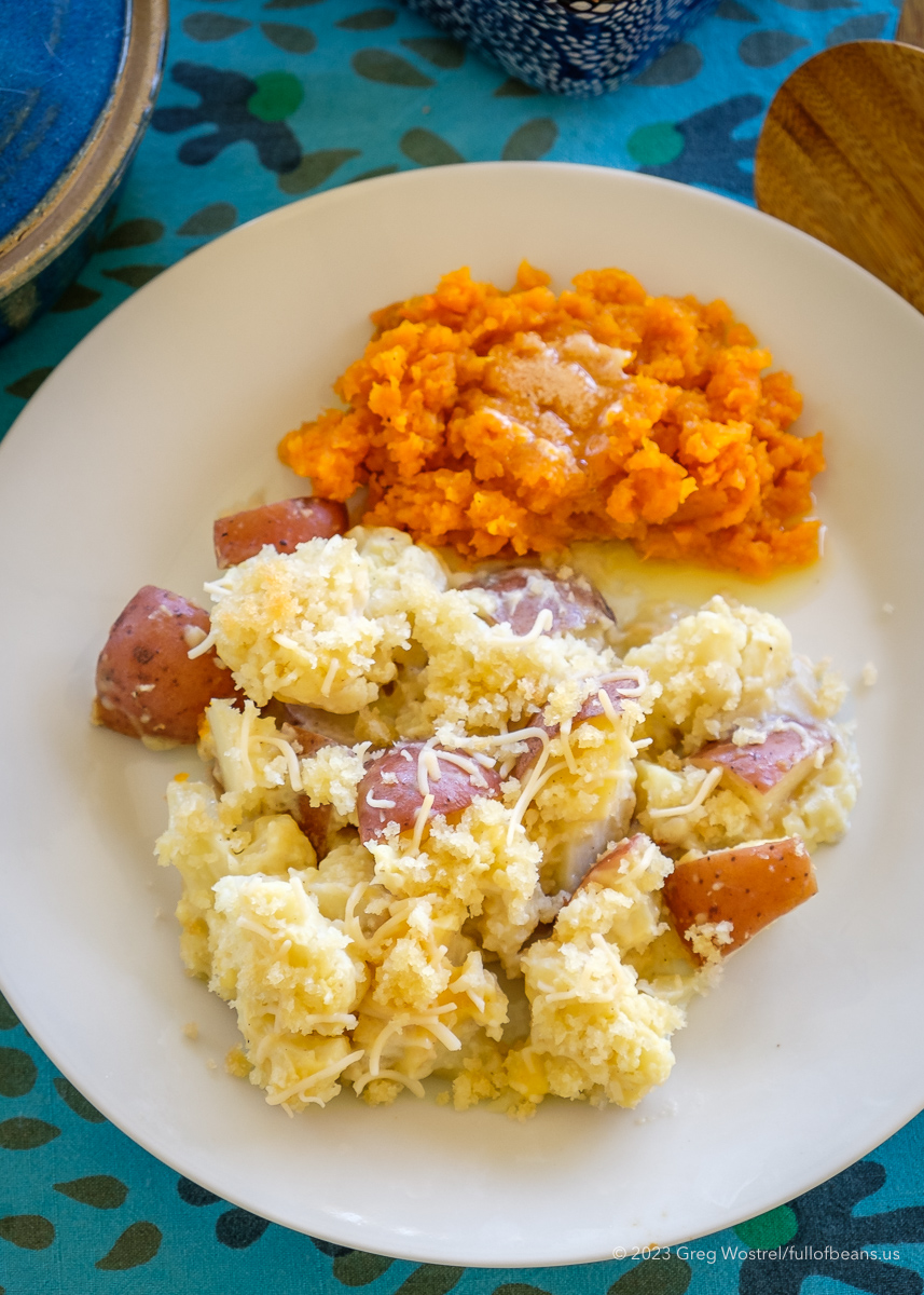 Cauliflower and Potatoes au Gratin on a white plate