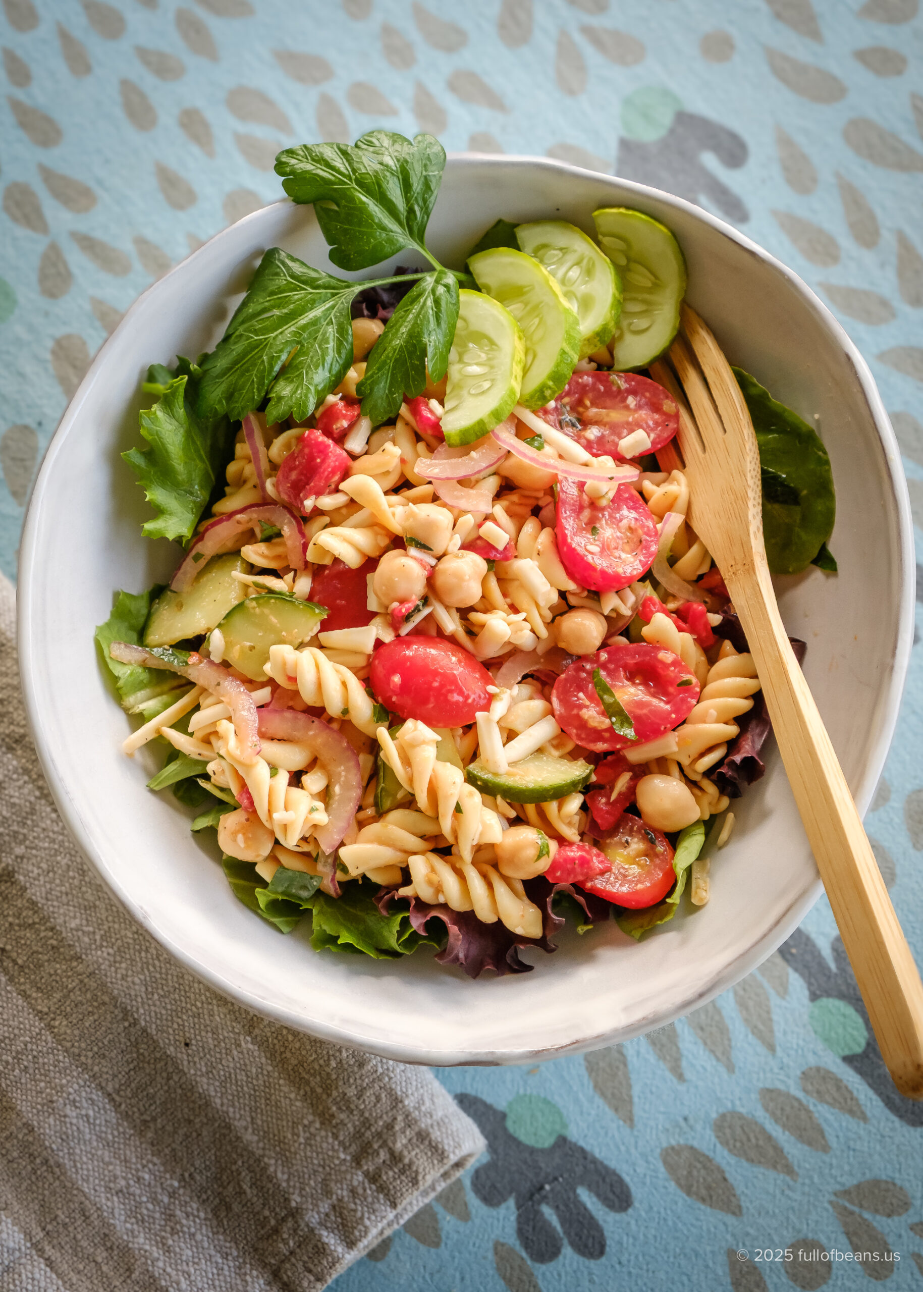 gluten-free chickpea pasta salad in a bowl